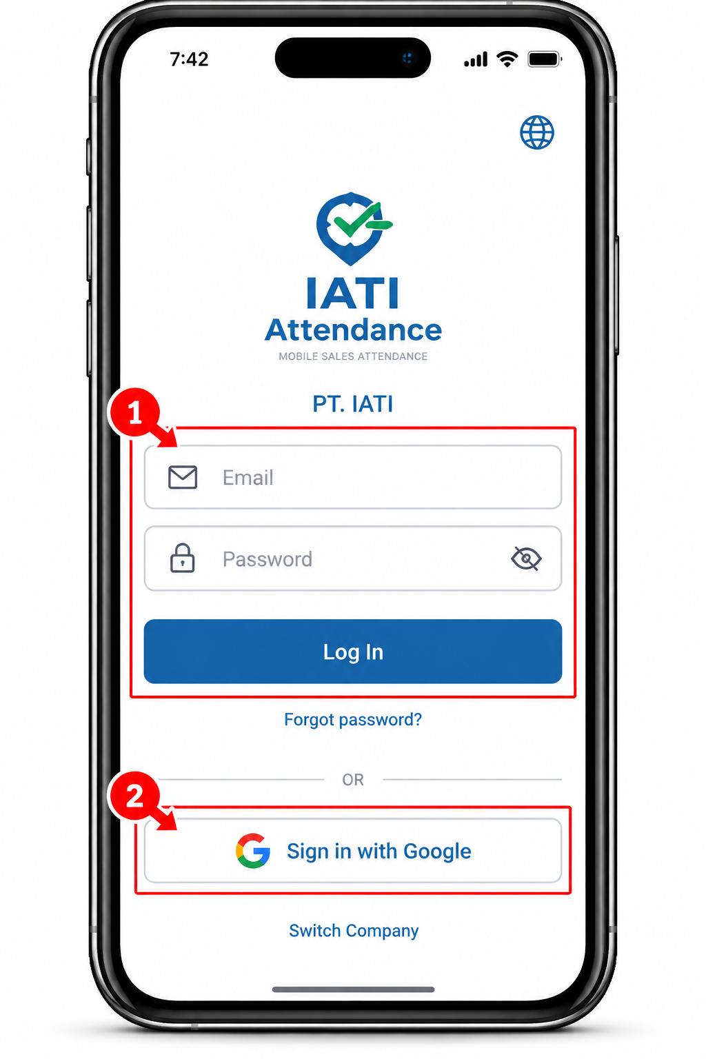 IATI Attendance login screen with email, password and Google sign-in