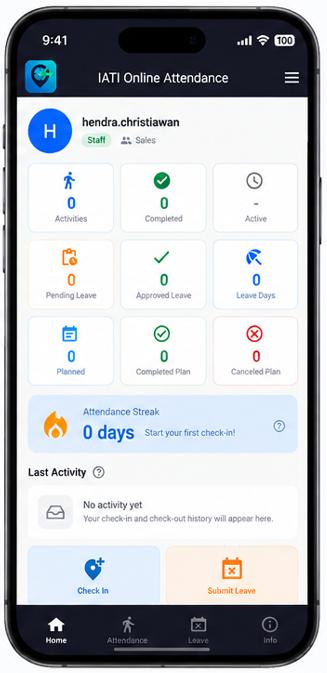 IATI Attendance Home screen with activity counters and Check In button